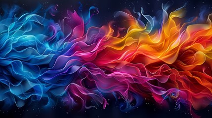 Poster - Vibrant colorful abstract background with flowing gradient waves of blue, red, and yellow against a dark backdrop. Dynamic and energetic artwork.