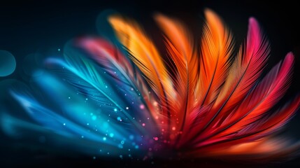 Poster - Vibrant multicolored feathers against a dark background, glowing with dynamic light effects, creating a visually striking and artistic display.