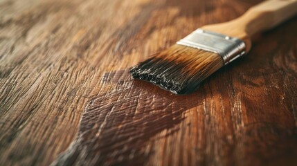 Close-up of a paintbrush applying varnish on wooden surface, highlighting the texture and craftsmanship of wood finishing.