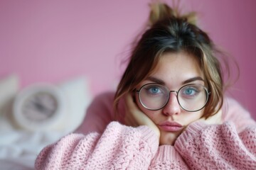 Wall Mural - A woman wearing glasses and a pink sweater is sitting on a bed. She is looking down and she is in a contemplative mood