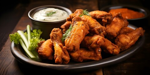 Wall Mural - Crispy buffalo chicken wings served with celery sticks and blue cheese dressing. Concept Chicken Wings, Appetizers, Comfort Food, Party Food