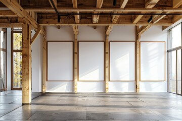 Poster - 3d rendering of three white posters in a gallery setting with wooden beams on a light background.
