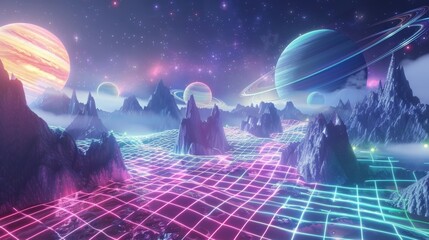 Poster - Template with a grid pattern in trendy Y2K style on a black background and a neon blue planet sticker. Set of 2000s aesthetic banners with alien worlds.