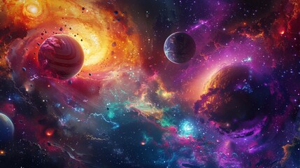 digital illustration depicting galaxies, planets, star clusters, and nebulae in outer space, with as