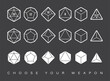 © Jan - Vector circle line dice set. 20, 12, 10, 8, 6 and 4 sided. Board games. Isolated on black background.