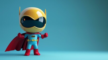 Wall Mural - 3D rendering of a cute superhero. The superhero is wearing a yellow helmet with a black visor, a blue cape, and a red and yellow suit.