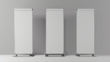 Poster - Roll-up banner mockup, front and side view, 3D render. White board display for exhibition or promotional presentation.