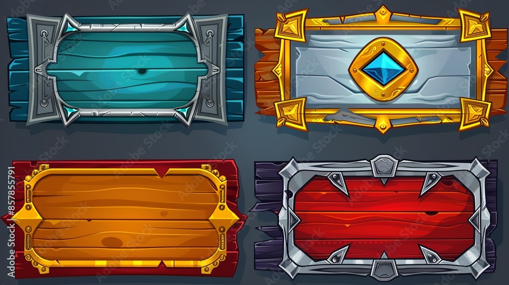 For game Ui design, wooden buttons with gold and silver frames. Modern ...