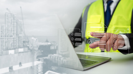 Engineer or Architect checking the list of documents and approving the project, Approved buildings permit concept with approved residential building project, Construction project inspection.