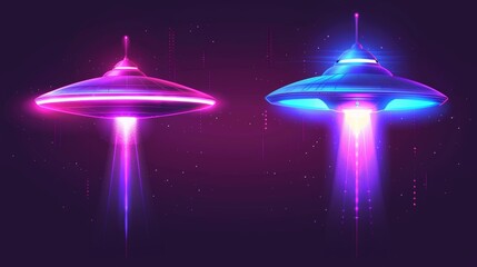 Poster - aliens' spacecrafts, ufo's with blue and purple light beam. modern illustration of a future flying s