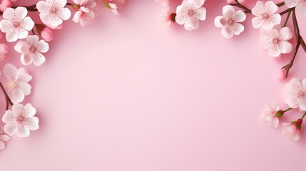 Poster - Frame of Sprigs Sakura Cherry Blossoms on pink background.Holiday Concept of spring, 8 march, mother day, april, may, Persian new year.