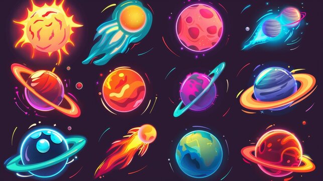 This set of cartoon illustrations shows a spaceman character taking a cosmic selfie in front of a meteor, rock sphere, and planet. The pack includes UI icons for the magic galaxy universe.