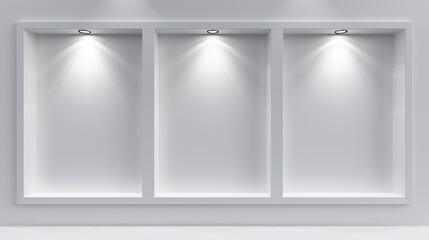 Poster - an exposition stand for a gallery with a 3d white niche shelf box with a light modern background. pe