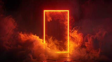 Poster - An illustration of a neon light door on a black background with shimmering particles in the air and red, orange, and yellow smoke.