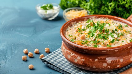 Wall Mural - A close-up of a bowl of creamy chickpea and rice soup topped with parsley and served with a side of chickpeas