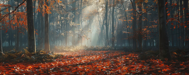Wall Mural - A peaceful woodland glade with sunlight filtering through the trees, illuminating a carpet of fallen leaves.