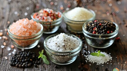Poster - A close-up view of various salts and peppers in glass jars and bowls on a rustic wooden surface. Generative AI