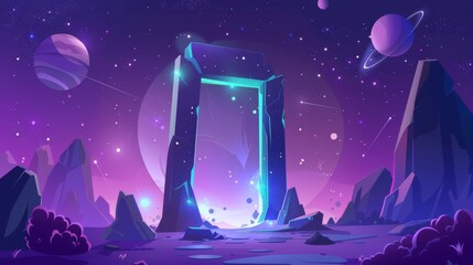 Poster - A magical portal on an alien planet. Cartoon modern illustration of a game or fairy tale space landscape containing fantasy stone doorways. A glowing neon gate with an insect symbol for time travel