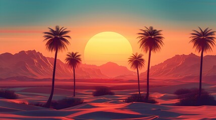 Wall Mural - Vintage Travel Poster of Serene Desert Landscape with Silhouetted Palm Trees and Striking Sunset Skies