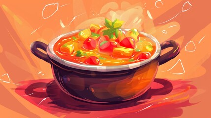 Wall Mural - A red pan with vegetables soup is on the stovetop. Food is smokey and boiling while cooking. A graphic design of a pot is on top of the pot with its handle. A bowl on the stovetop is used to prepare