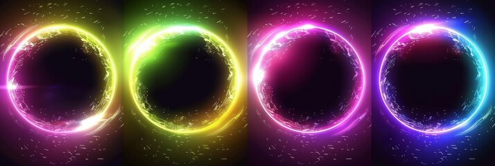 Wall Mural - A modern realistic illustration of neon yellow, green, pink rings glowing in the dark, round energy swirling in a cloud of gas, shimmering particles.