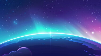 Wall Mural - A bright blue crescent glow on top of a dark starry sky. Realistic modern illustration of the sunrise or sunset from outer space. Dawn or dusk in space.