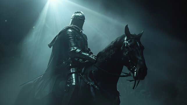 A knight is riding a black horse in a dark forest