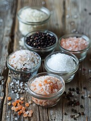 Fototapete - Assorted salts and peppers, including sea salt, Himalayan salt, black peppercorns, and white pepper, displayed in glass jars and bowls on a rustic wooden surface. Generative AI