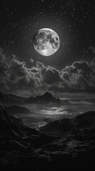Canvas Print - A large moon is in the sky above a rocky mountain range