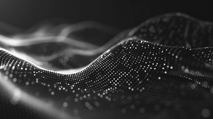 Poster - Dots and lines moving in an abstract wave. Modern illustration of particle flow in black and white.
