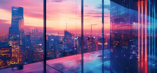 Nightscape of a vibrant city, modern skyscrapers illuminated by neon lights, reflecting in the water