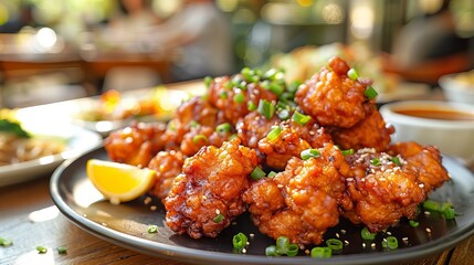 Wall Mural - Fried Chicken Bites With Sesame Seeds and Green Onions