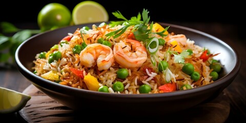 Wall Mural - American Fried Rice A Delicious Combination of Prawns, Peas, Carrots, Egg, Cucumber, and Lime Garnish. Concept Fried Rice Recipe, American Cuisine, Prawns and Vegetables, Flavorful Ingredients