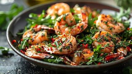 Wall Mural - Grilled Shrimp Salad With Herbs and Chili Flakes