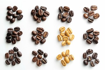 The stages of coffee roasting are illustrated through this infographic, with isolated beans on a white background to illustrate each stage.