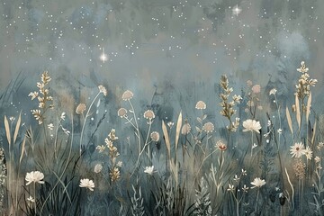 Sticker - Starlit Enchanted Meadow: This wallpaper showcases an enchanted meadow bathed in starlight