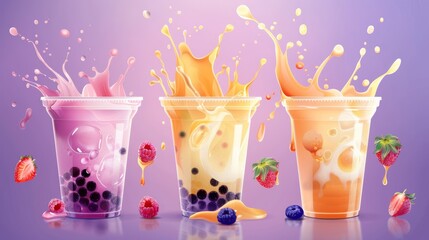 The summer cocktail menu is illustrated with a strawberry and chocolate milkshake splash menu design and a purple background. The menu features an ice tea bubble milk cup and a strawberry milkshake