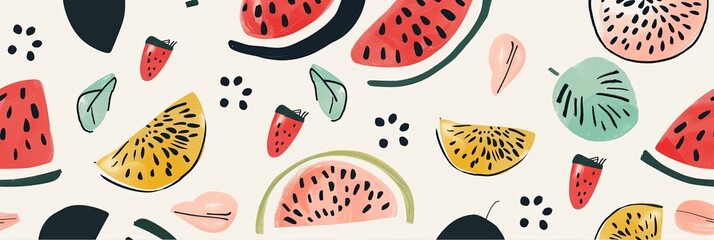 Poster - A vibrant illustration featuring watercolor watermelon slices, seeds, and green rinds against a light background. Generative AI