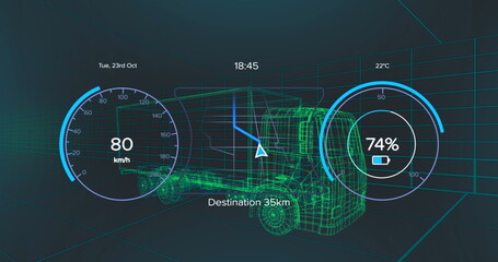 Poster - Image of speedometer with changing numbers and circles with battery icons over 3d truck