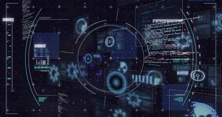 Poster - Image of circles over radars, computer language against black background