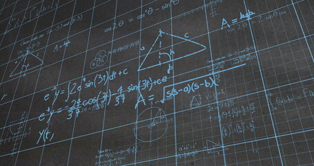 Poster - Image of mathematical equations and formulas over grid network against textured grey background
