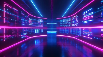 Poster - curve concave electronic monitors with neon blue and purple glow. realistic 3d modern lcd video tech