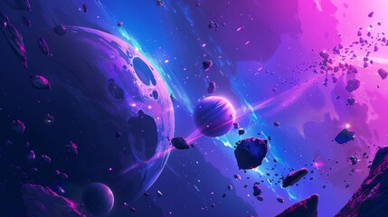 Wall Mural - Modern illustration of a blue space background with glowing galaxy nebula and flying stars. A new star is born, explodes in the universe. Fantasy alien world. A view of the cosmos.