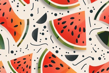 Aufkleber - A close-up image of juicy watermelon slices with black seeds and green rind on a light background. Generative AI