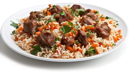 Wall Mural - A plate of white rice topped with diced beef and green onions