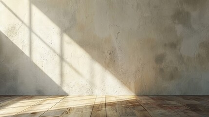 Wall Mural - Room corner rendered in 3D with gray wall and wooden floor. Gobo lighting effect. Contemporary indoor mockup template with showroom interior design.