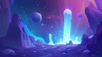 Wall Mural - The atmosphere of a space universe with a planet. Galaxies with meteorites for game GUI. Dark starry skies for a computer world adventure level.