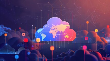 Poster - A colorful cloud with a globe on top of it. The globe is surrounded by many small dots, which represent the many different countries in the world