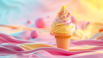 Poster - yellow ice cream with colorful layers and toppings, set against a minimalistic background with soft gradients