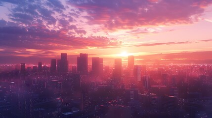 Wall Mural - Stunning urban skyline at sunset with vibrant pink and purple clouds.